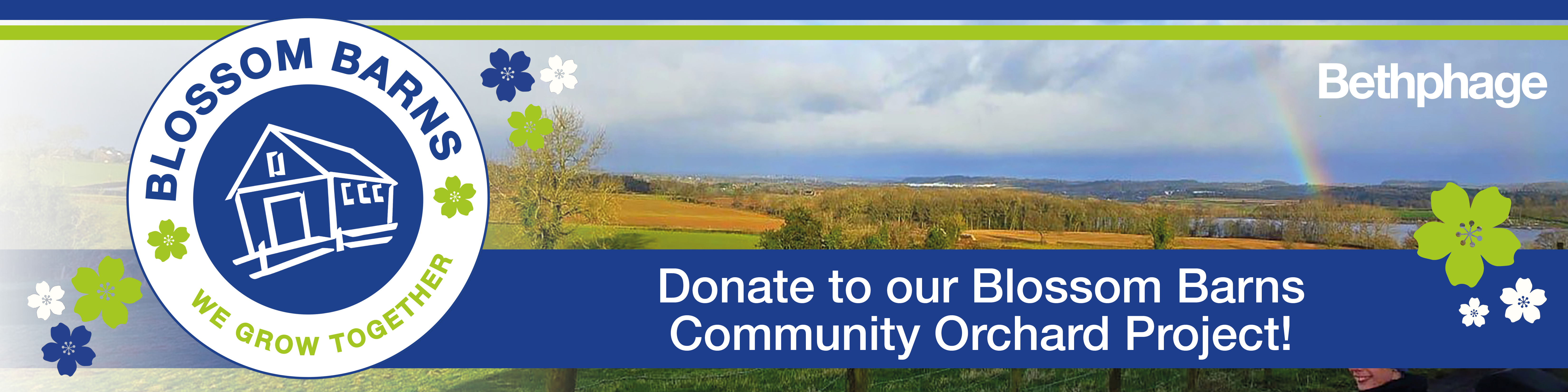 Banner featuring photo of Blossom barns, with Blossom Barns logo and text which reads "donate to our blossom barns community orchard project" 