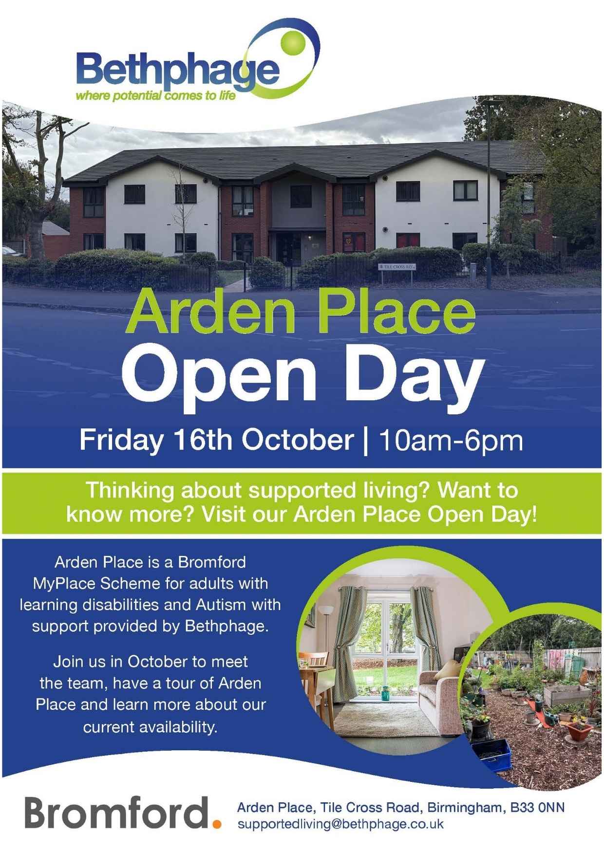 Poster for Arden Place Drop in on October 16th 10am-6pm to explore supported living in Birmingham. Contact supportedliving@bethphage.co.uk to find out more